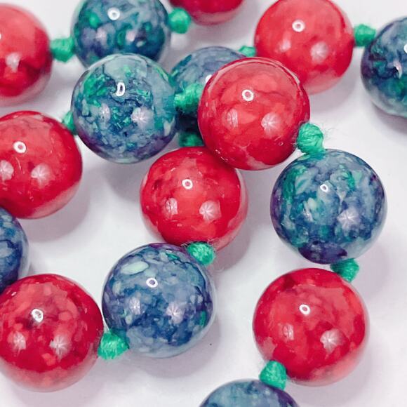 Vintage Dyed Stone Bead Opera Length Necklace Red Blue Green Hand Knotted - Picture 7 of 8